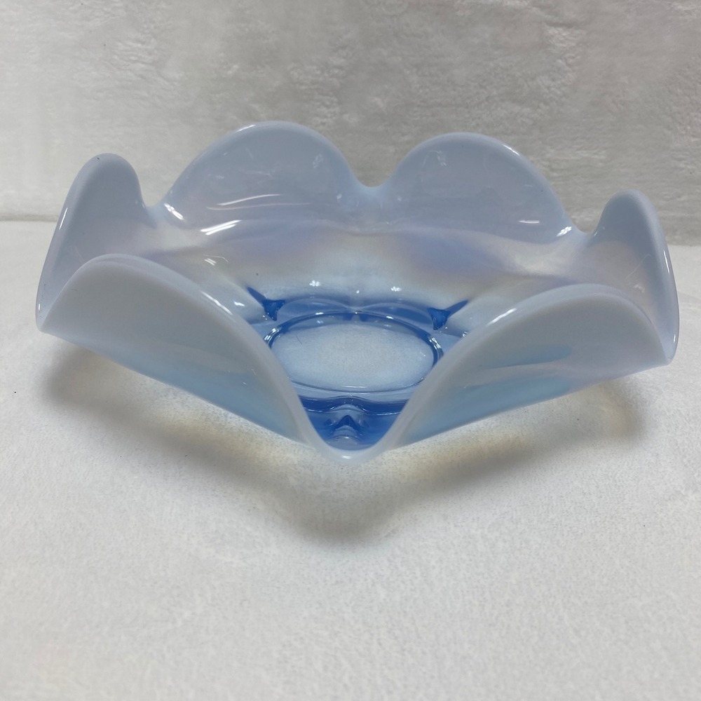 VTG Duncan & Miller Opalescent Blue Glass Bowl Ruffle Edge Trinket Jewelry Dish